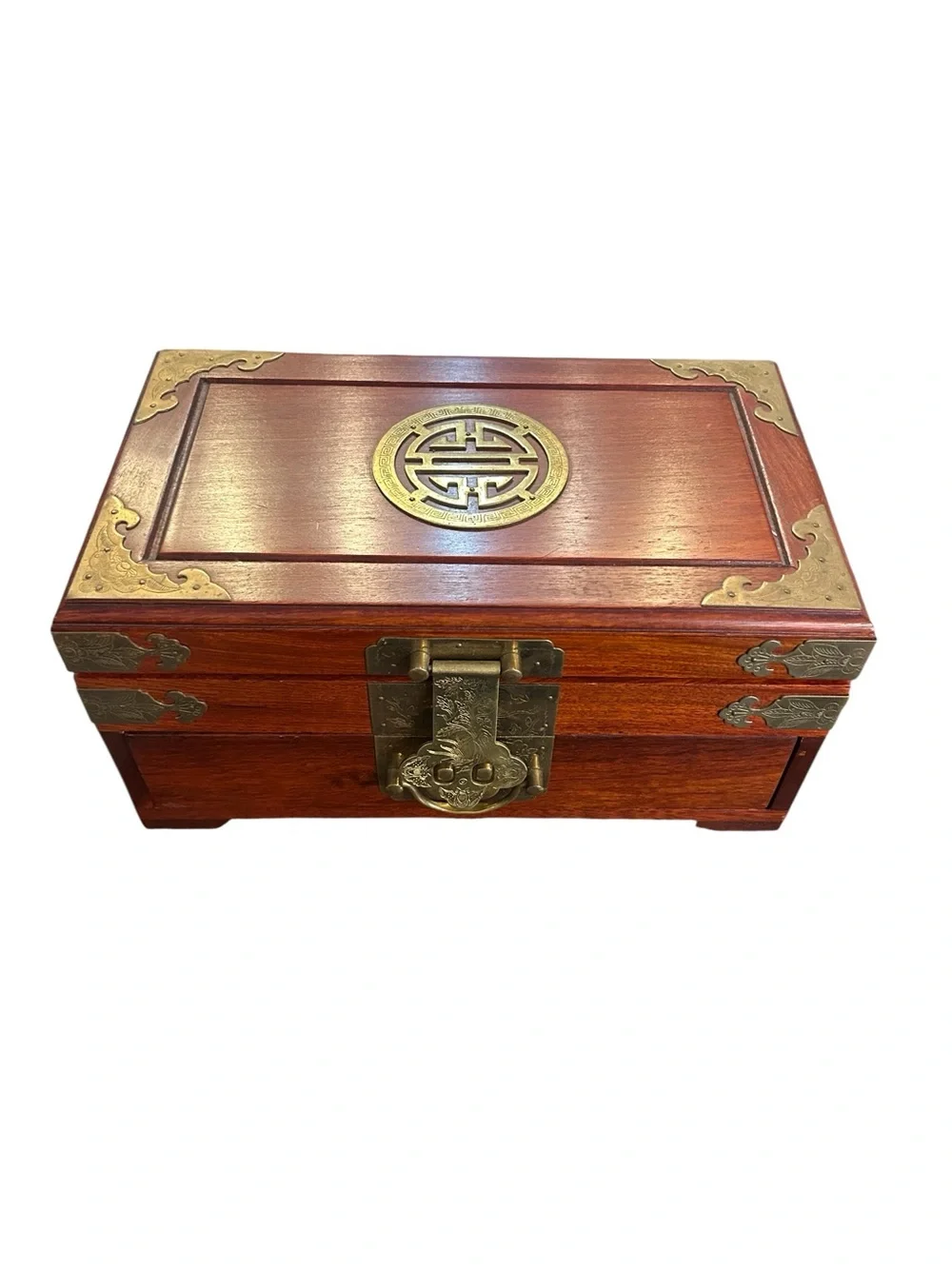 Vintage Chinese Rosewood Decorative Wooden Jewelry Box  Brass Hardware  Hongmu